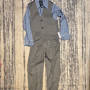Izod Boys Gray Vest and Pants with Blue Gingham Shirt